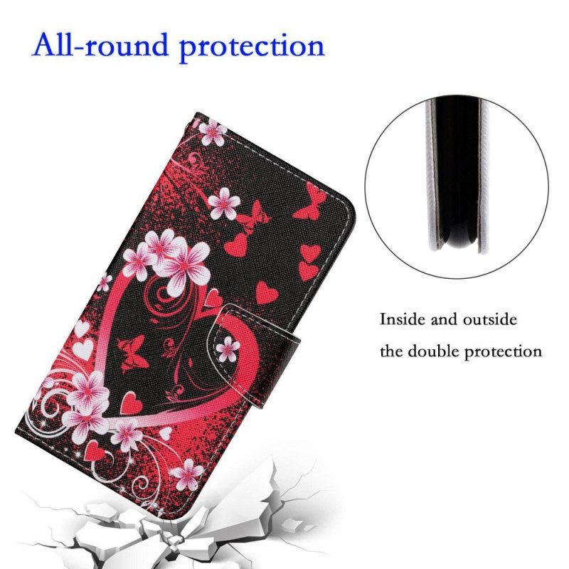 Flip Case Für Xiaomi 12T / 12T Pro Blumen Und Herzen Mit Schlüsselband