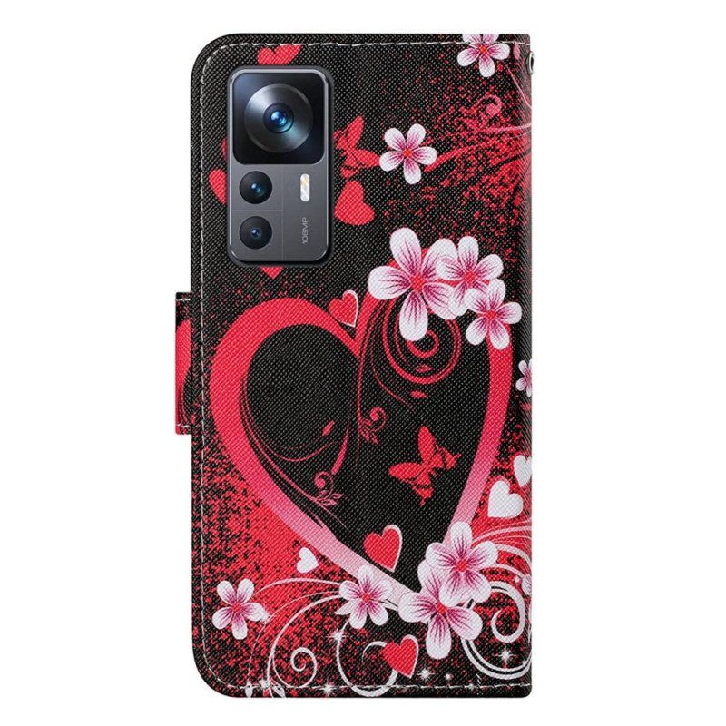 Flip Case Für Xiaomi 12T / 12T Pro Blumen Und Herzen Mit Schlüsselband