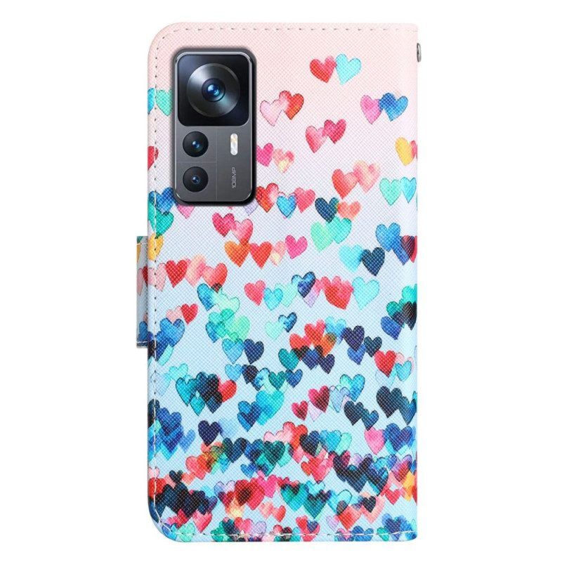 Flip Case Für Xiaomi 12T / 12T Pro Mit Kordel Riemchenherzen