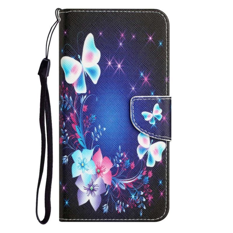 Lederhüllen Für Xiaomi 12T / 12T Pro Leuchtende Schmetterlinge Mit Schlüsselband