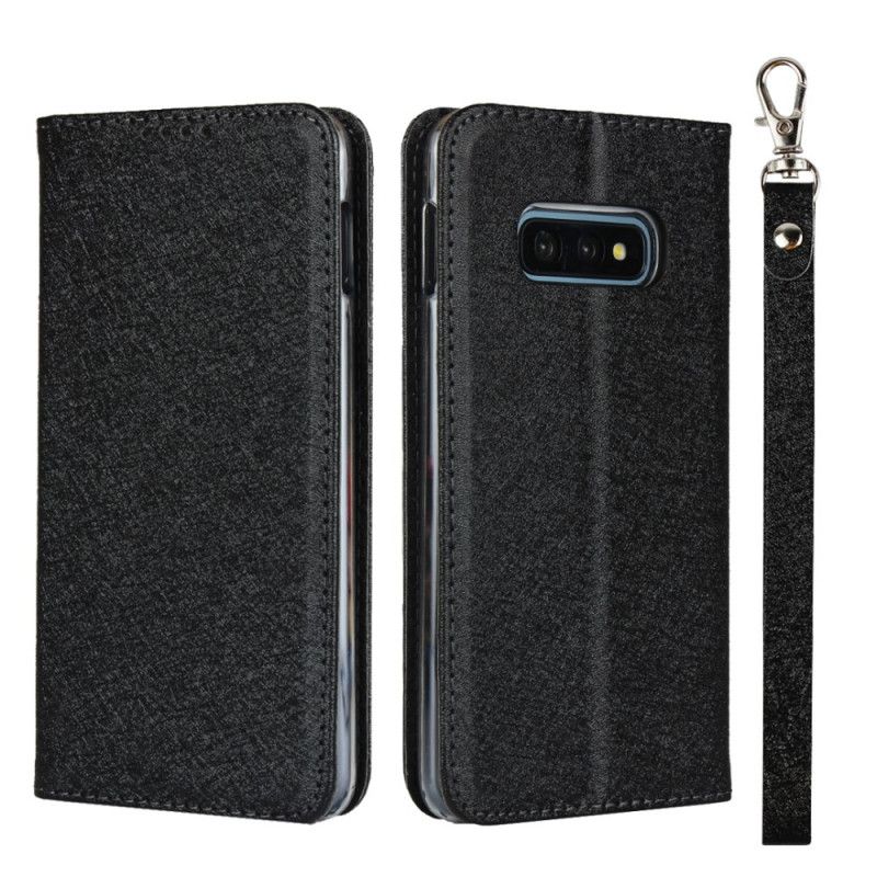 Flip Case Samsung Galaxy S10E Schwarz Weicher Lederstil Mit Riemen