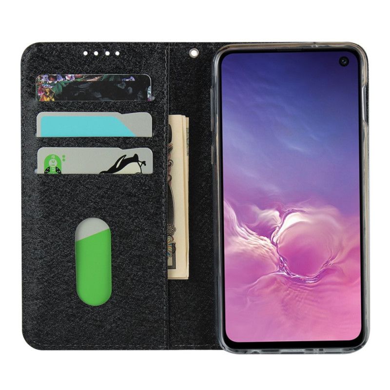 Flip Case Samsung Galaxy S10E Schwarz Weicher Lederstil Mit Riemen