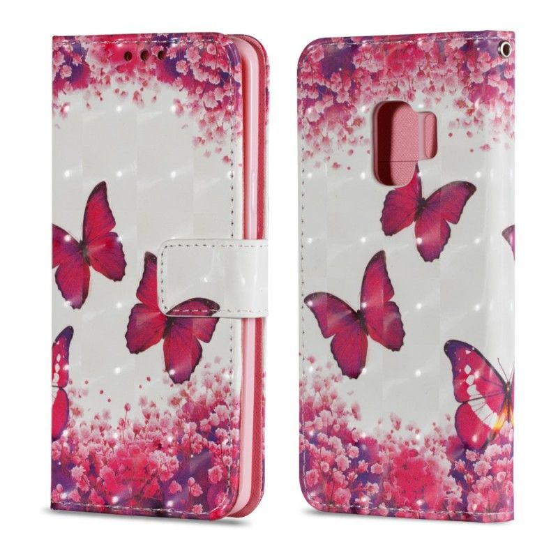 Lederhüllen Samsung Galaxy S9 3D Rote Schmetterlinge