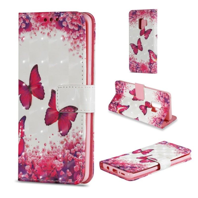 Lederhüllen Samsung Galaxy S9 3D Rote Schmetterlinge