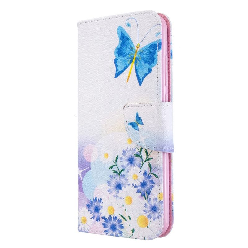 Lederhüllen Für Xiaomi Redmi Note 8T Magenta Bemalte Schmetterlinge Und Blumen