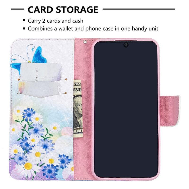 Lederhüllen Für Xiaomi Redmi Note 8T Magenta Bemalte Schmetterlinge Und Blumen