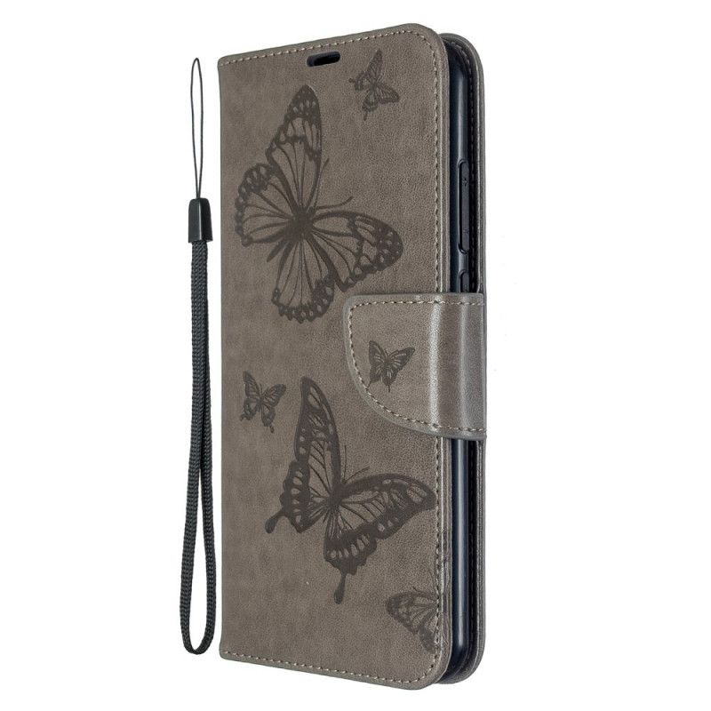 Lederhüllen Xiaomi Redmi Note 8T Grau Bedruckte Schmetterlinge Mit Tanga
