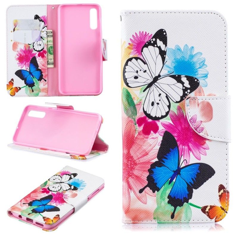 Lederhüllen Für Samsung Galaxy A50 Pink Bemalte Schmetterlinge Und Blumen