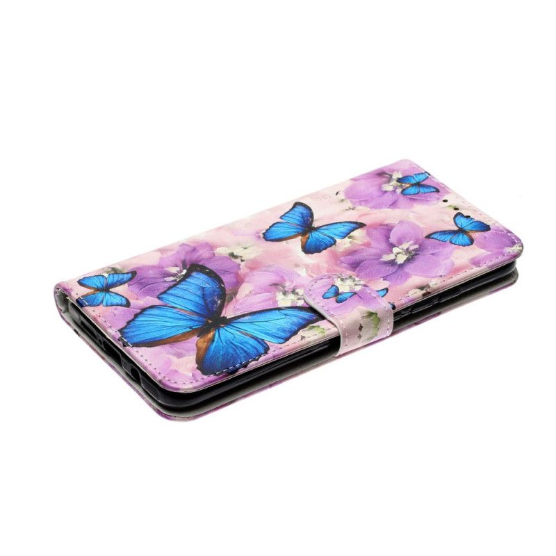 Lederhüllen Für Xiaomi Mi Note 10 Lite Blaue Schmetterlinge In Den Blüten