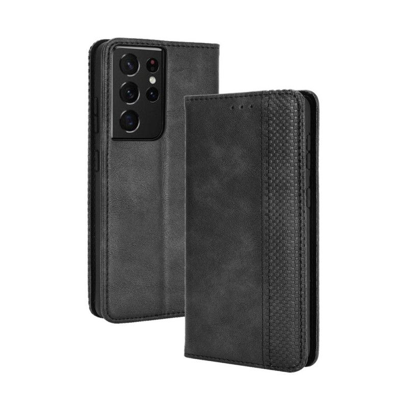 Flip Case Für Samsung Galaxy S21 Ultra 5G Schwarz Stilisierter Vintage-Ledereffekt