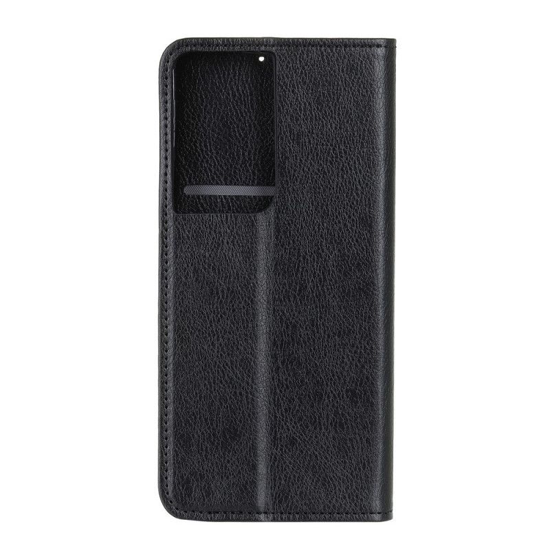 Flip Case Samsung Galaxy S21 Ultra 5G Schwarz Klassisches Geteiltes Litschileder