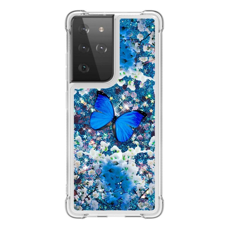 Hülle Samsung Galaxy S21 Ultra 5G Blaue Glitzerschmetterlinge