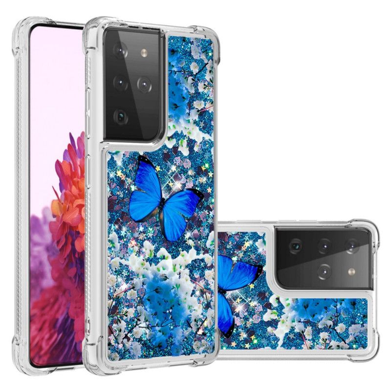 Hülle Samsung Galaxy S21 Ultra 5G Blaue Glitzerschmetterlinge