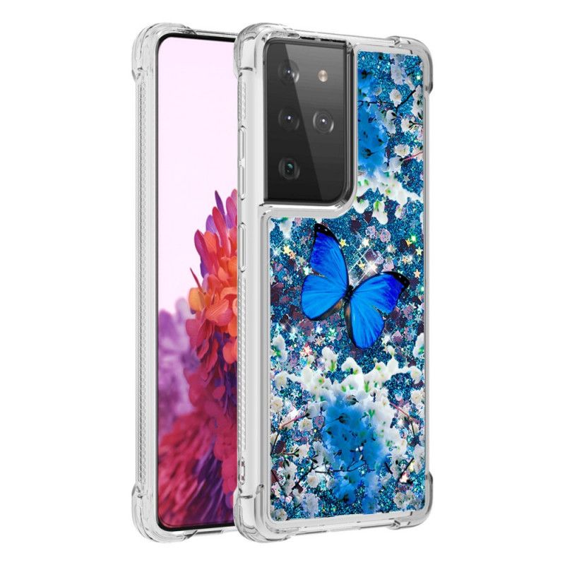 Hülle Samsung Galaxy S21 Ultra 5G Blaue Glitzerschmetterlinge