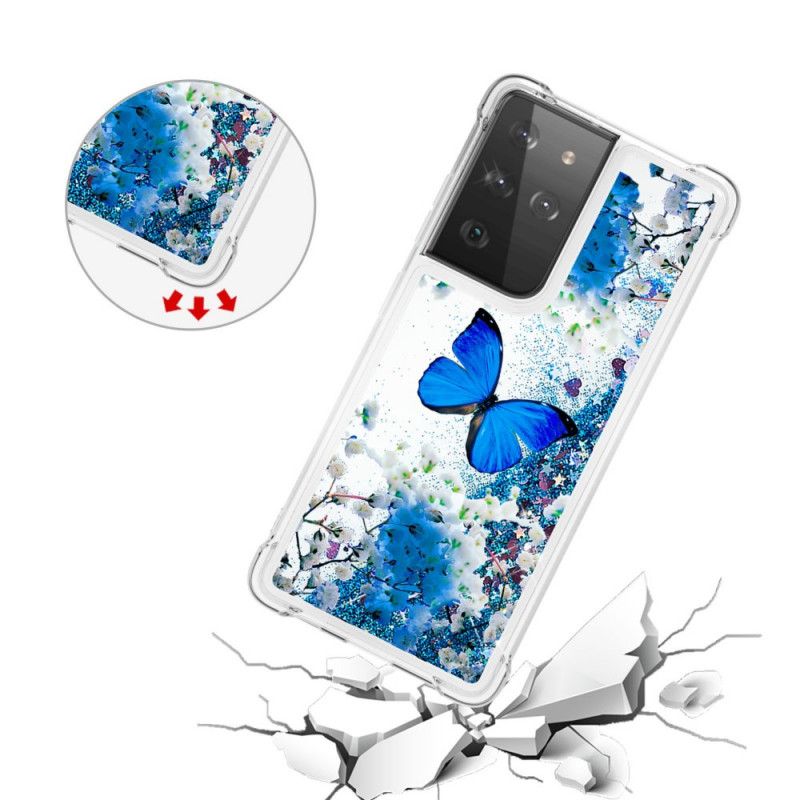 Hülle Samsung Galaxy S21 Ultra 5G Blaue Glitzerschmetterlinge