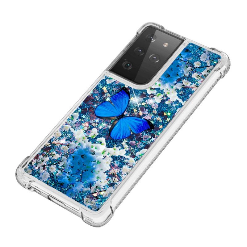 Hülle Samsung Galaxy S21 Ultra 5G Blaue Glitzerschmetterlinge