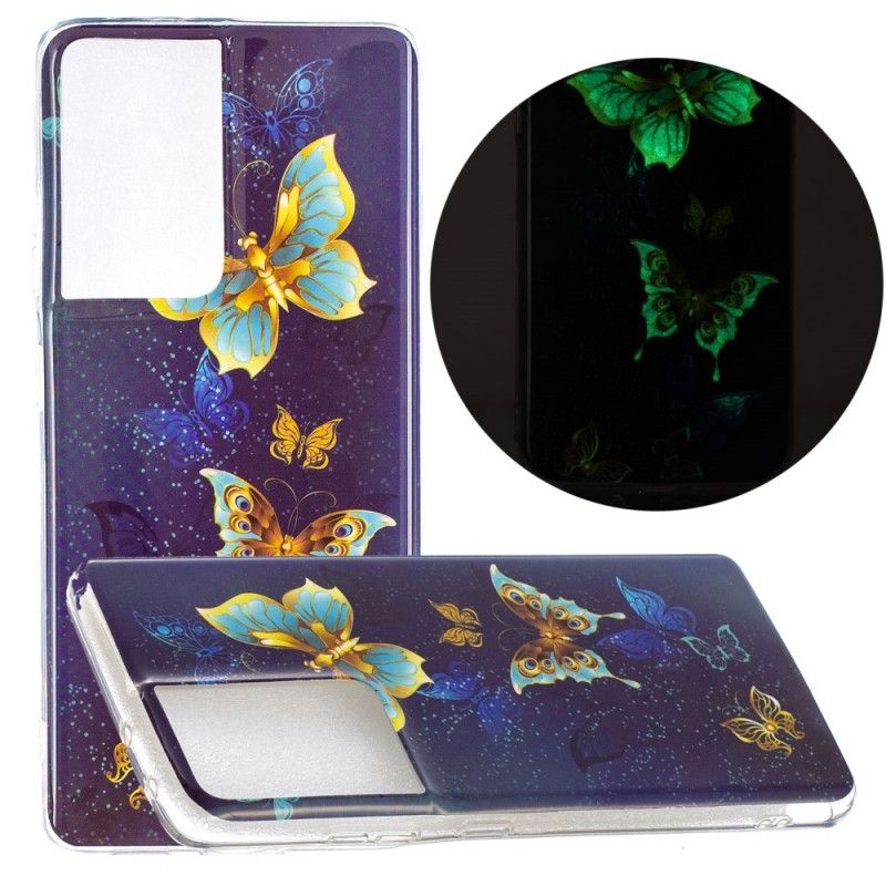 Hülle Samsung Galaxy S21 Ultra 5G Dunkelblau Fluoreszierende Schmetterlingsreihe