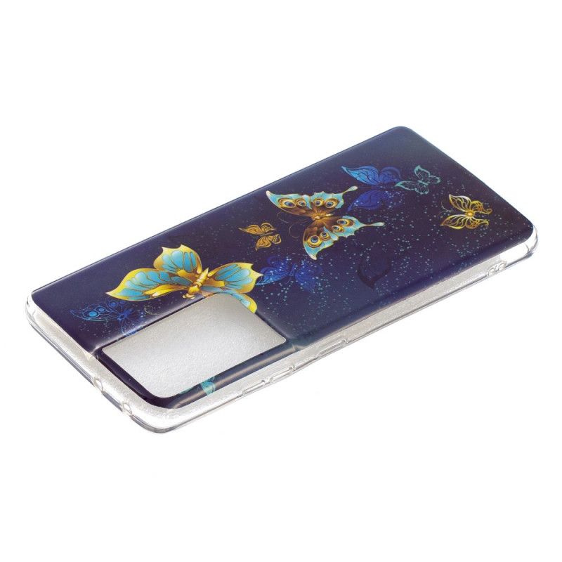 Hülle Samsung Galaxy S21 Ultra 5G Dunkelblau Fluoreszierende Schmetterlingsreihe