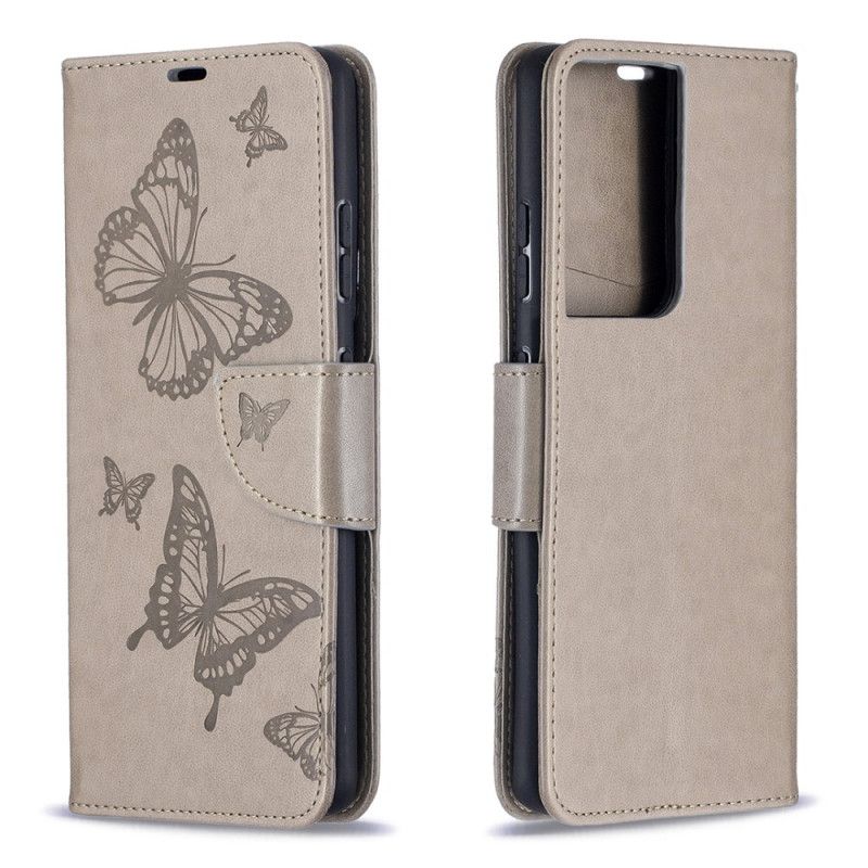 Lederhüllen Für Samsung Galaxy S21 Ultra 5G Grau Schmetterlinge Im Flug Mit Tanga