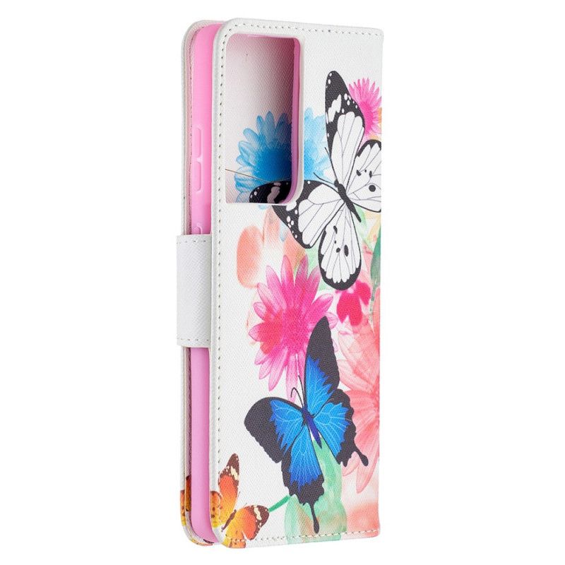 Lederhüllen Für Samsung Galaxy S21 Ultra 5G Magenta Bemalte Schmetterlinge Und Blumen