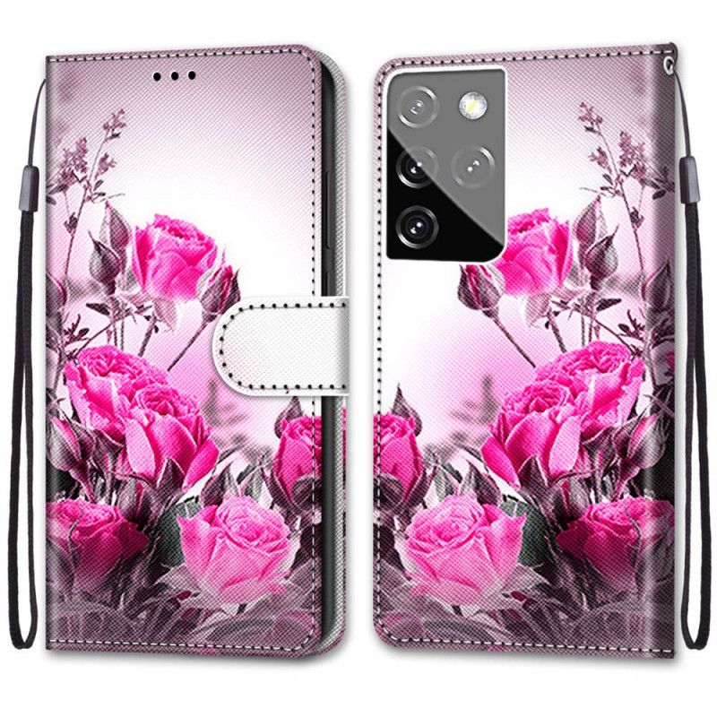 Lederhüllen Für Samsung Galaxy S21 Ultra 5G Magenta Magische Blumen