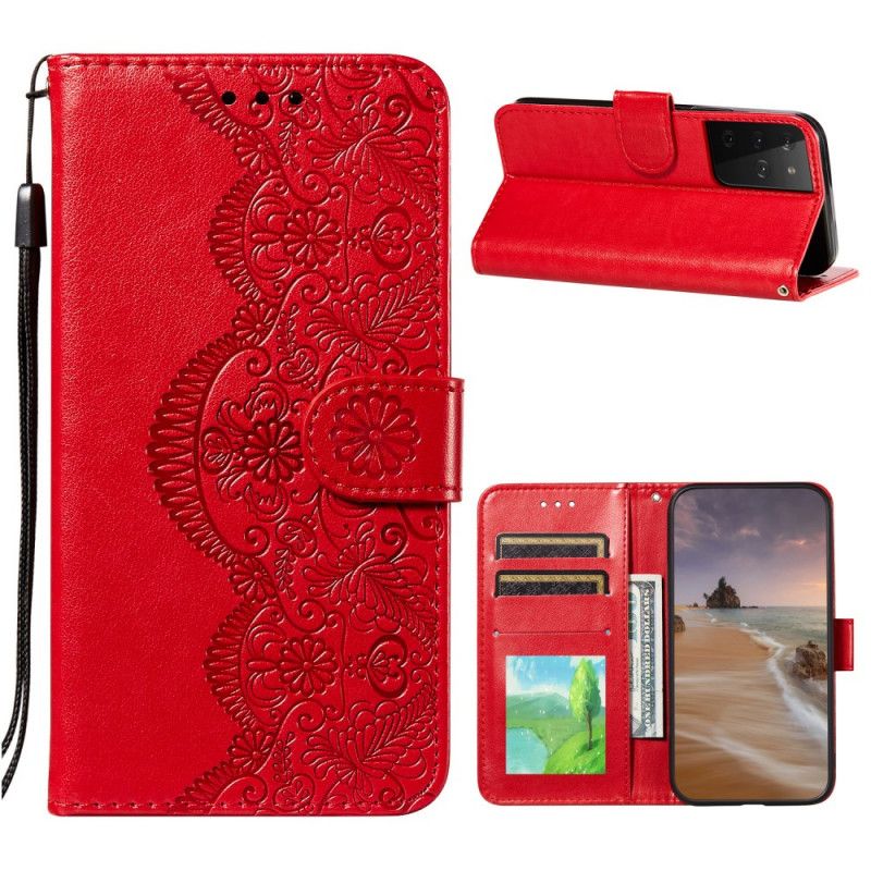 Lederhüllen Für Samsung Galaxy S21 Ultra 5G Rot Blumenstickerei