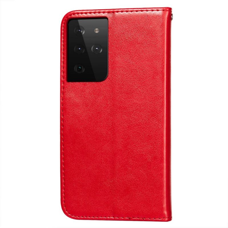 Lederhüllen Für Samsung Galaxy S21 Ultra 5G Rot Blumenstickerei