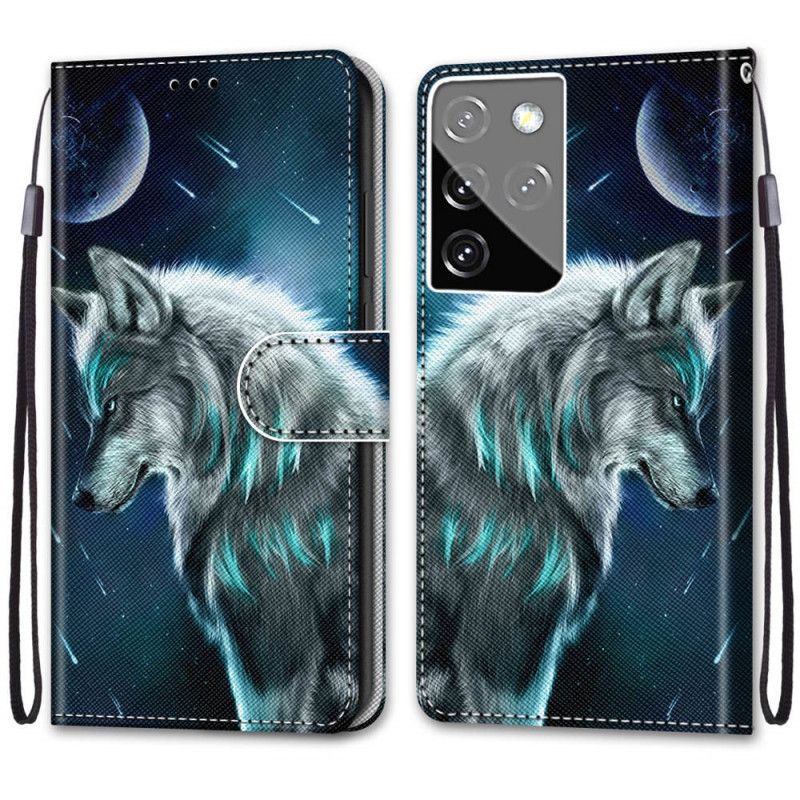 Lederhüllen Für Samsung Galaxy S21 Ultra 5G Wolf Unter Einem Schauer Von Sternen