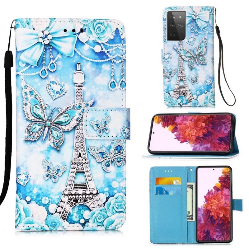 Lederhüllen Samsung Galaxy S21 Ultra 5G Eiffelturm-Schmetterlingsband