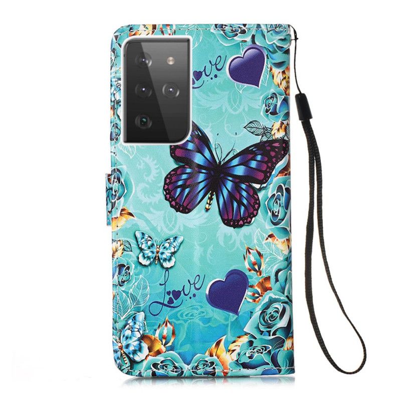 Lederhüllen Samsung Galaxy S21 Ultra 5G Handyhülle Goldene Schmetterlinge