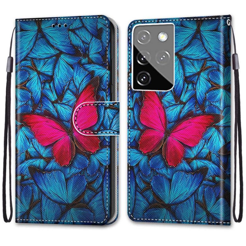 Lederhüllen Samsung Galaxy S21 Ultra 5G Handyhülle Roter Schmetterling Auf Blauem Hintergrund