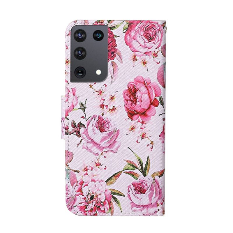 Lederhüllen Samsung Galaxy S21 Ultra 5G Magenta Handyhülle Meisterhafte Blumen Mit Tanga