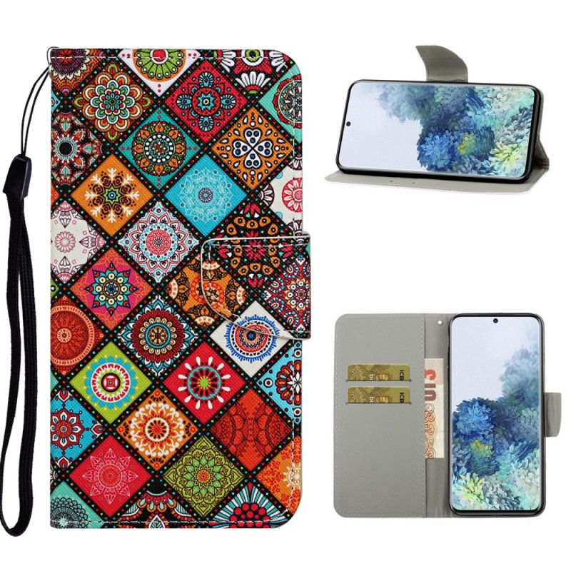 Lederhüllen Samsung Galaxy S21 Ultra 5G Patchwork-Mandalas Mit Tanga