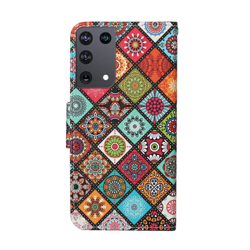 Lederhüllen Samsung Galaxy S21 Ultra 5G Patchwork-Mandalas Mit Tanga