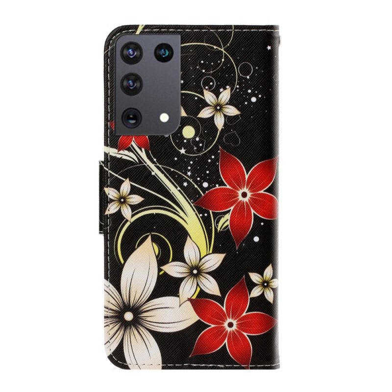 Lederhüllen Samsung Galaxy S21 Ultra 5G Schwarz Bunte Blumen Mit Tanga