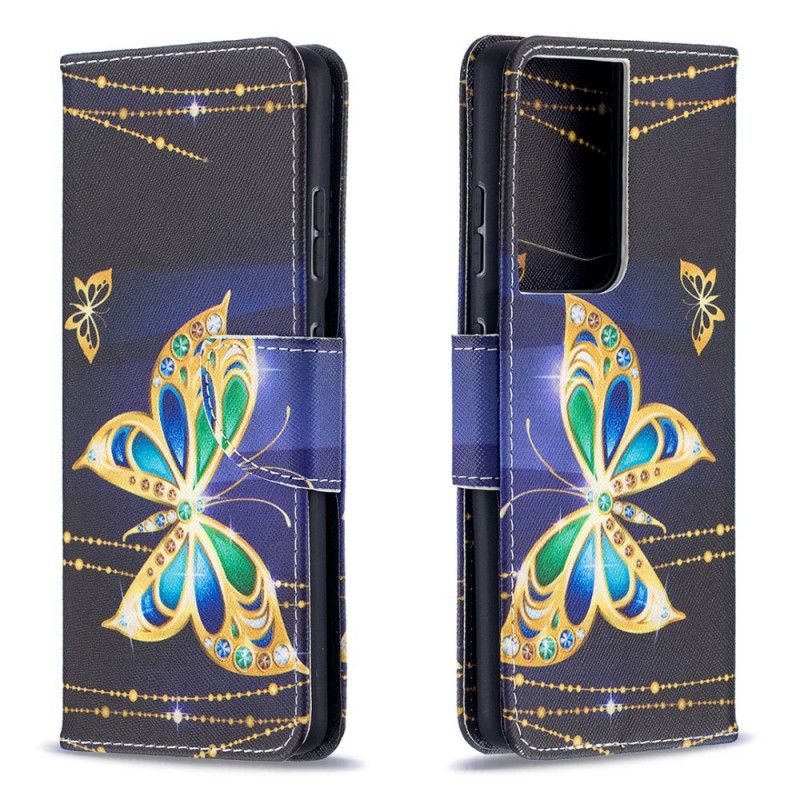 Lederhüllen Samsung Galaxy S21 Ultra 5G Schwarz Königliche Schmetterlinge