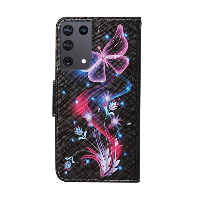 Lederhüllen Samsung Galaxy S21 Ultra 5G Schwarz Schmetterlinge Und Tanga