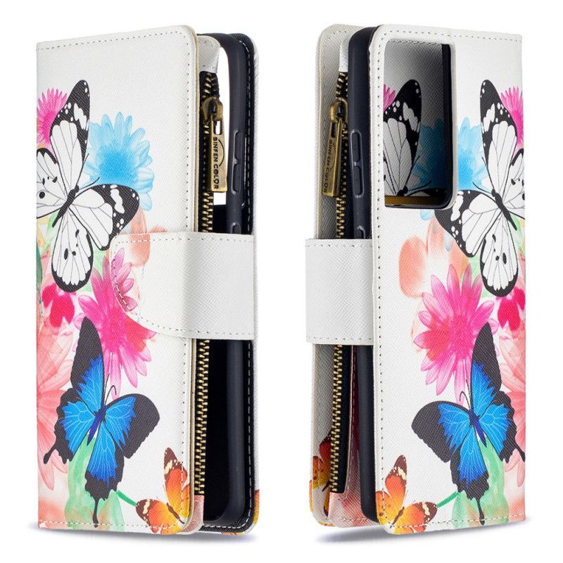Lederhüllen Samsung Galaxy S21 Ultra 5G Schwarz Schmetterlings-Reißverschlusstasche
