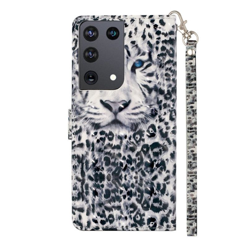 Lederhüllen Samsung Galaxy S21 Ultra 5G Weiß Leopardenlichtpunkte Mit Riemen