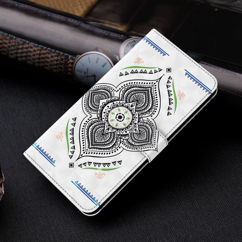 Lederhüllen Samsung Galaxy S21 Ultra 5G Weiß Lichtpunkte Mandala Mit Riemen