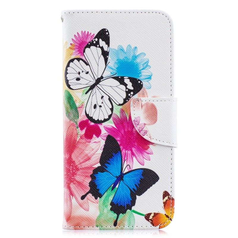 Lederhüllen Huawei Y6 2019 Magenta Bemalte Schmetterlinge Und Blumen
