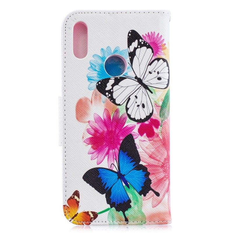 Lederhüllen Huawei Y6 2019 Magenta Bemalte Schmetterlinge Und Blumen