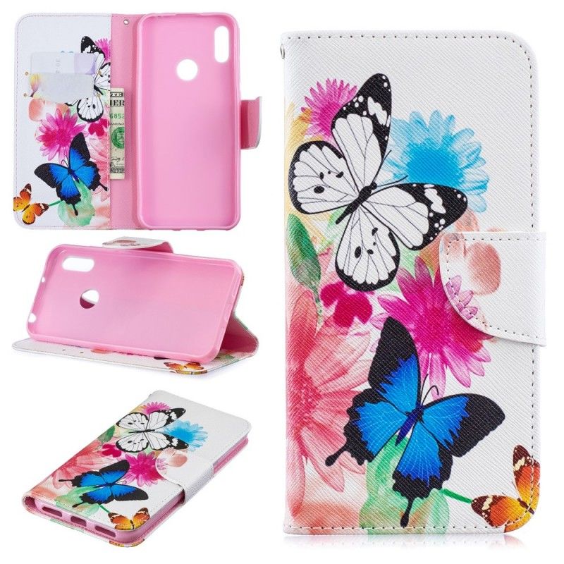 Lederhüllen Huawei Y6 2019 Magenta Bemalte Schmetterlinge Und Blumen