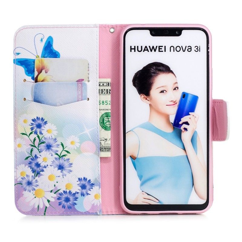 Lederhüllen Huawei P Smart Plus Magenta Bemalte Schmetterlinge Und Blumen
