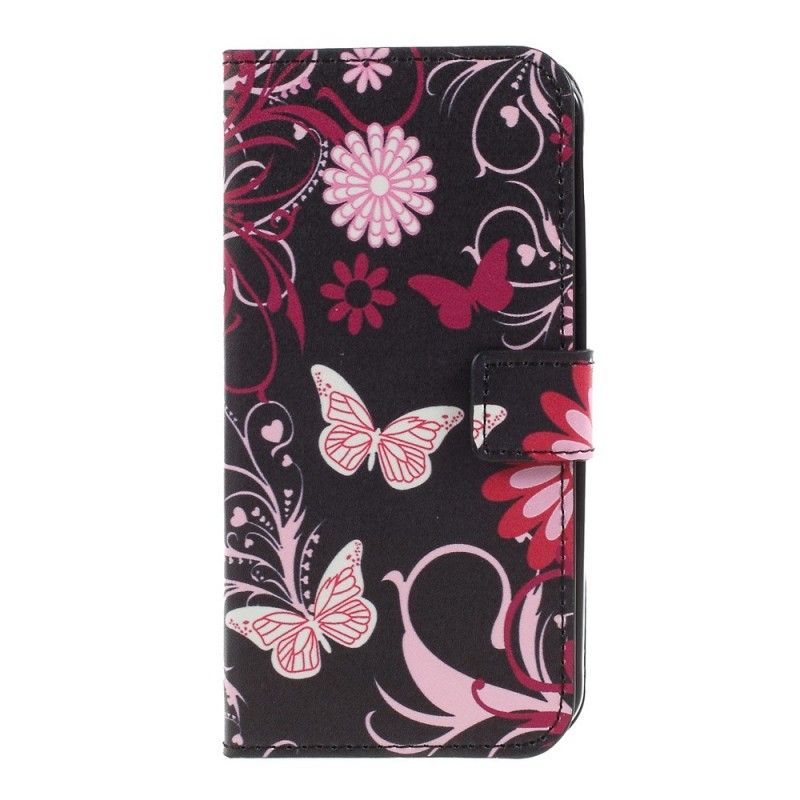 Lederhüllen Für Samsung Galaxy XCover 4S / 4 Schwarz Schmetterlinge Und Blumen