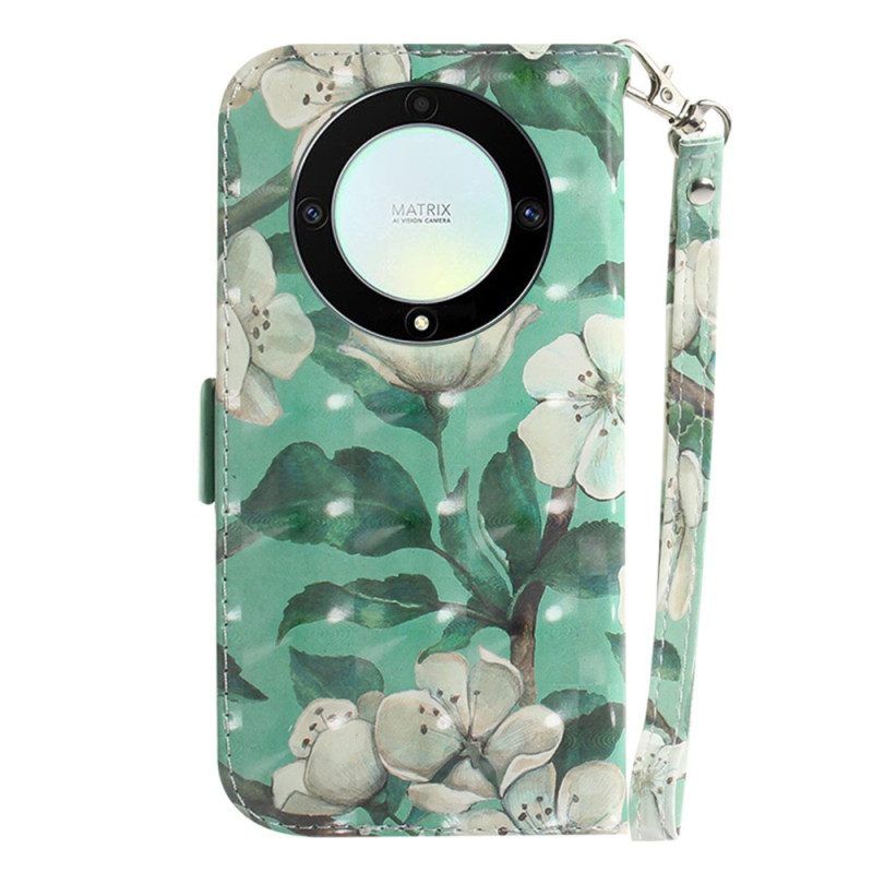 Flip Case Für Honor Magic 5 Lite Mit Kordel Weiße Riemchenblumen