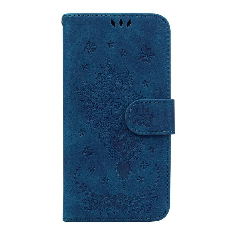 Flip Case Für Samsung Galaxy A14 / A14 5G Mit Kordel Riemchenrosen Und Schmetterlinge