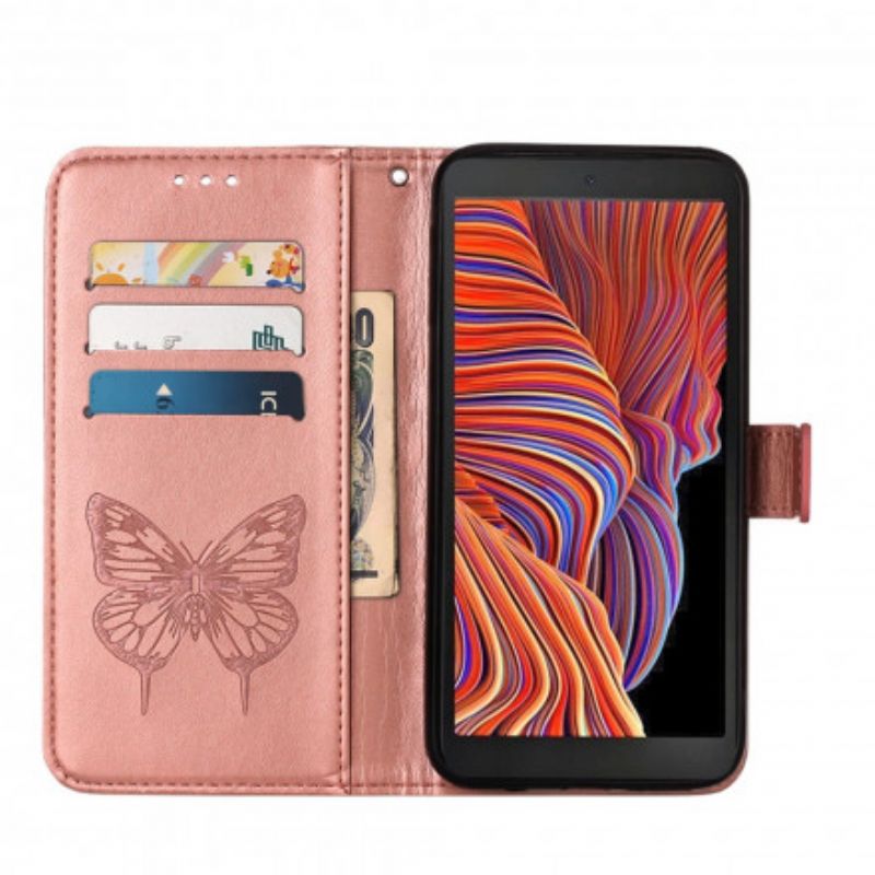 Lederhüllen Für Samsung Galaxy Xcover 5 Schmetterlingsdesign Mit Lanyard