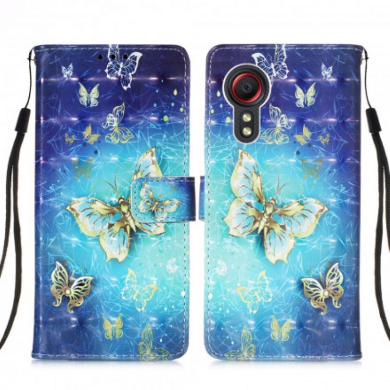 Lederhüllen Samsung Galaxy Xcover 5 Handyhülle Schlüsselband Mit Schmetterlingen In Gold
