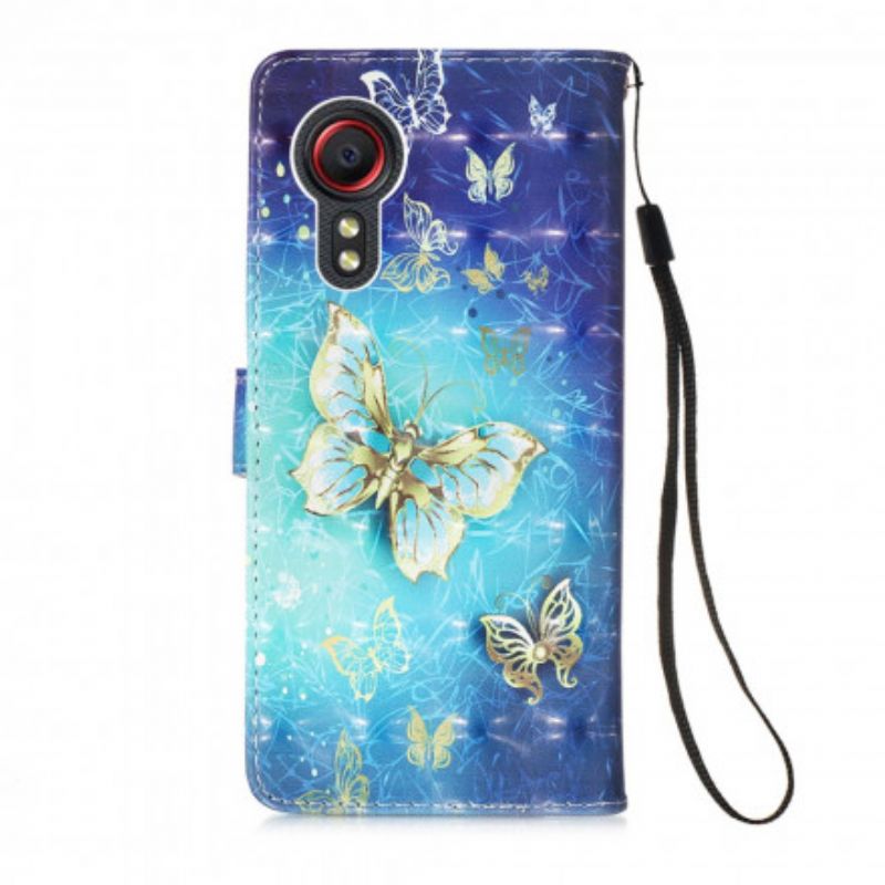Lederhüllen Samsung Galaxy Xcover 5 Handyhülle Schlüsselband Mit Schmetterlingen In Gold